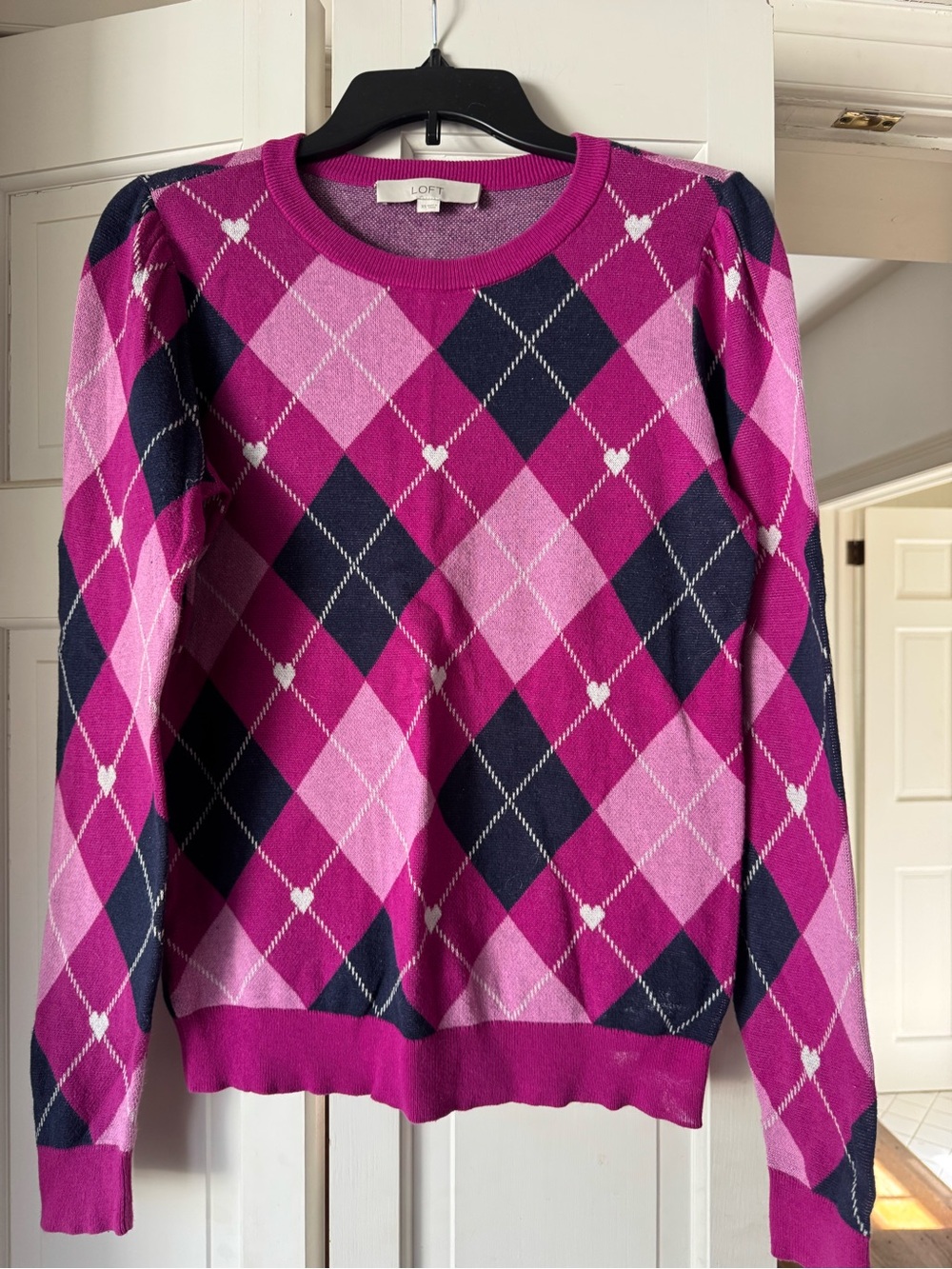 LOFT Navy & Fuchsia Argyle Sweater